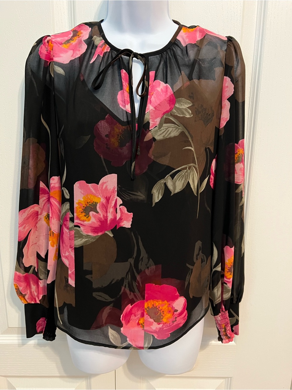White House Black Market Spliced Poppy Black Blouse